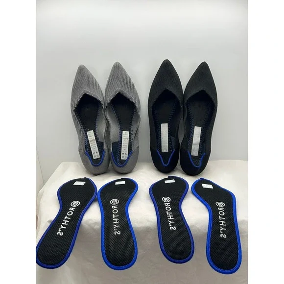 Rothys The Point Flats Bundle 2 Pairs Solid Black Grey Birdseye Womens 7.5 - Picture 7 of 12